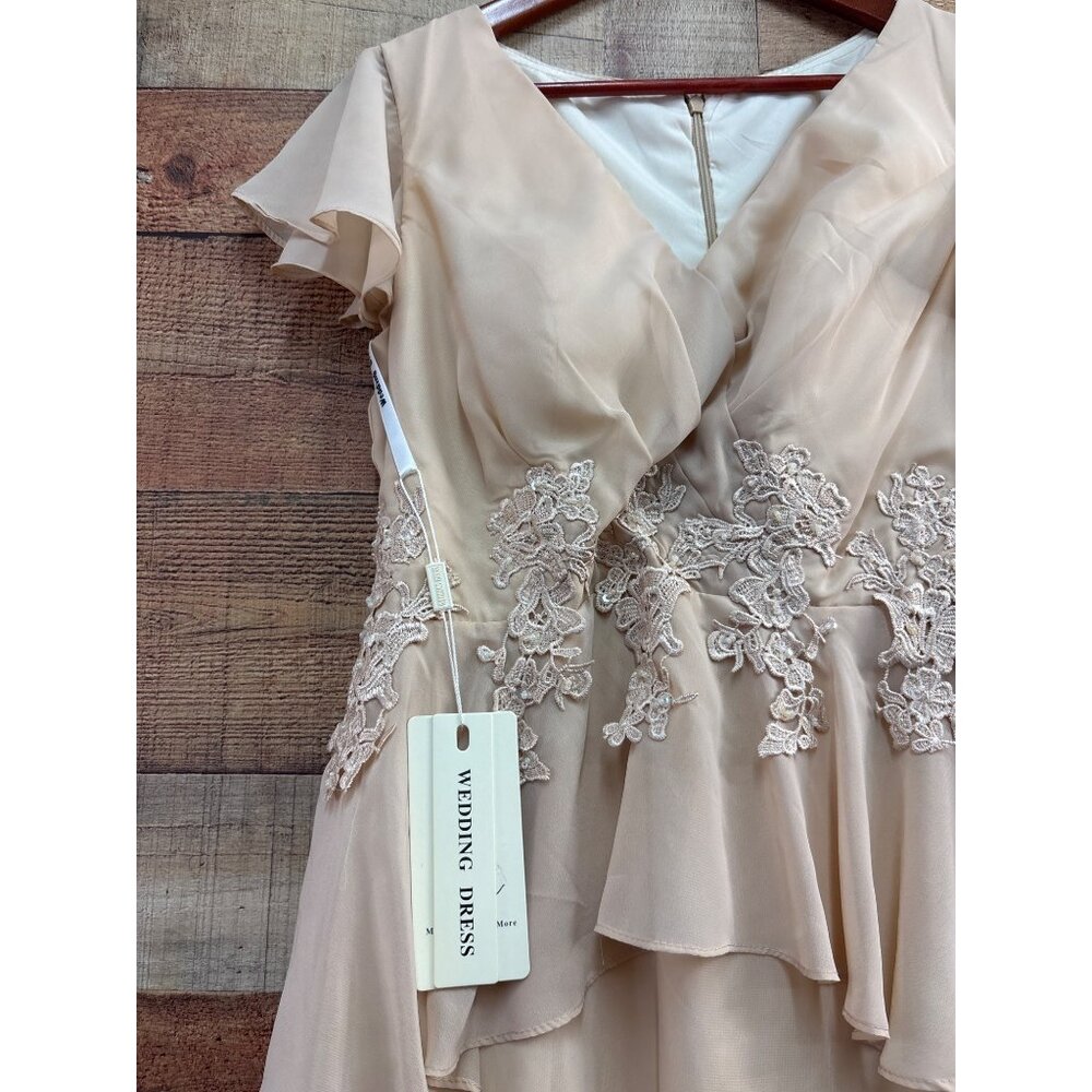 Beige Lace Appliqué Wedding Dress Ruffle Cap Sleeves & V-Neck - Picture 2 of 9